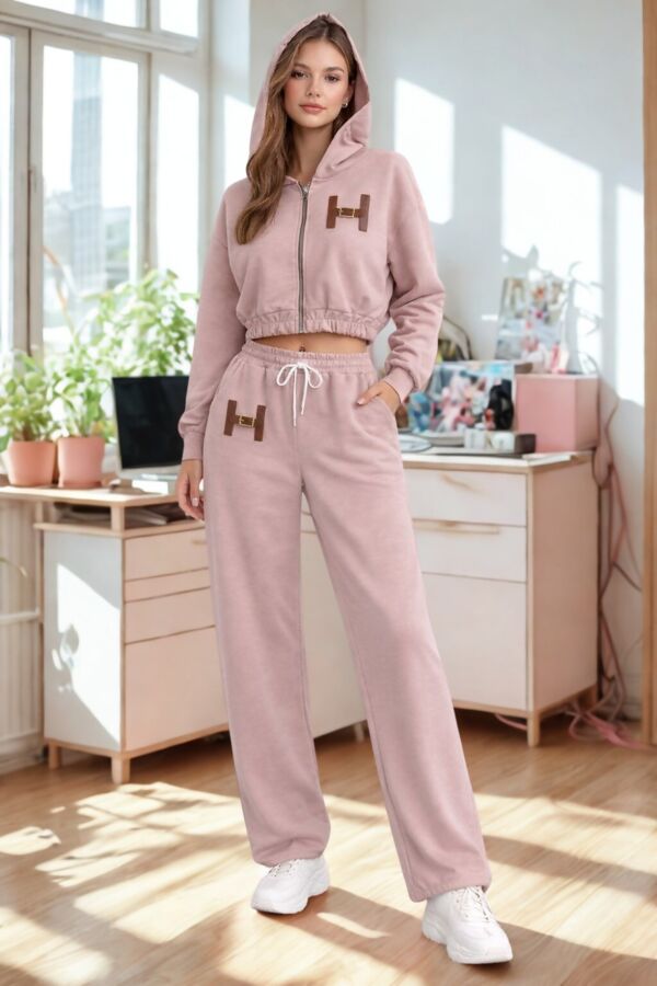 H-Buckle Detail Cropped Zipped Hoodie With Wide Leg Joggers