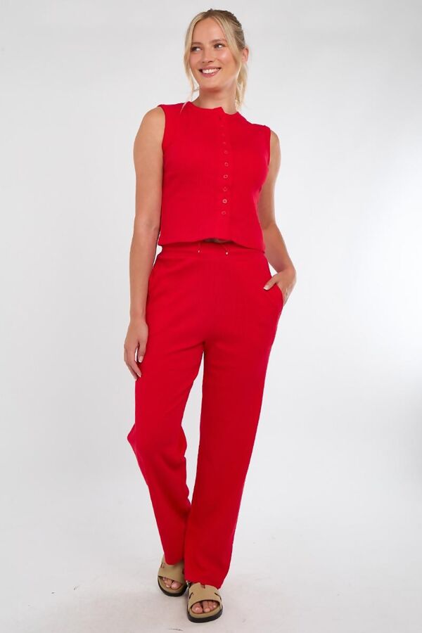Red Ribbed Sleeveless Button Up Top With Wide Leg Trouser