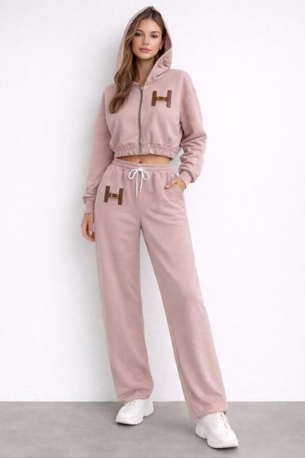 H-Buckle Detail Cropped Zipped Hoodie With Wide Leg Joggers
