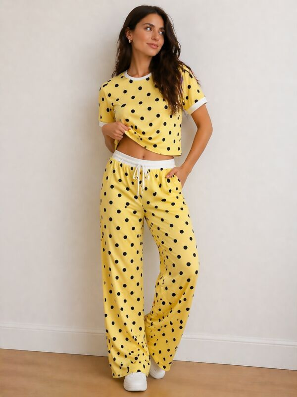 Contrast Waistband Polka Dot Trouser And Crop Top Co-Ord Set