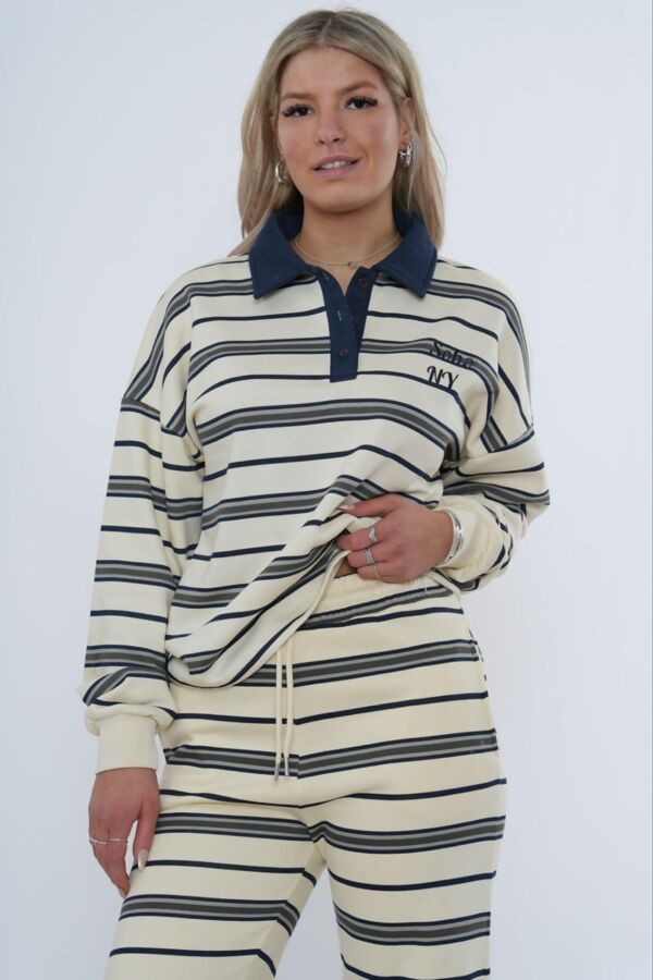 Navy Striped Rugby Collar SOHO Printed Sweatshirt With Trouser