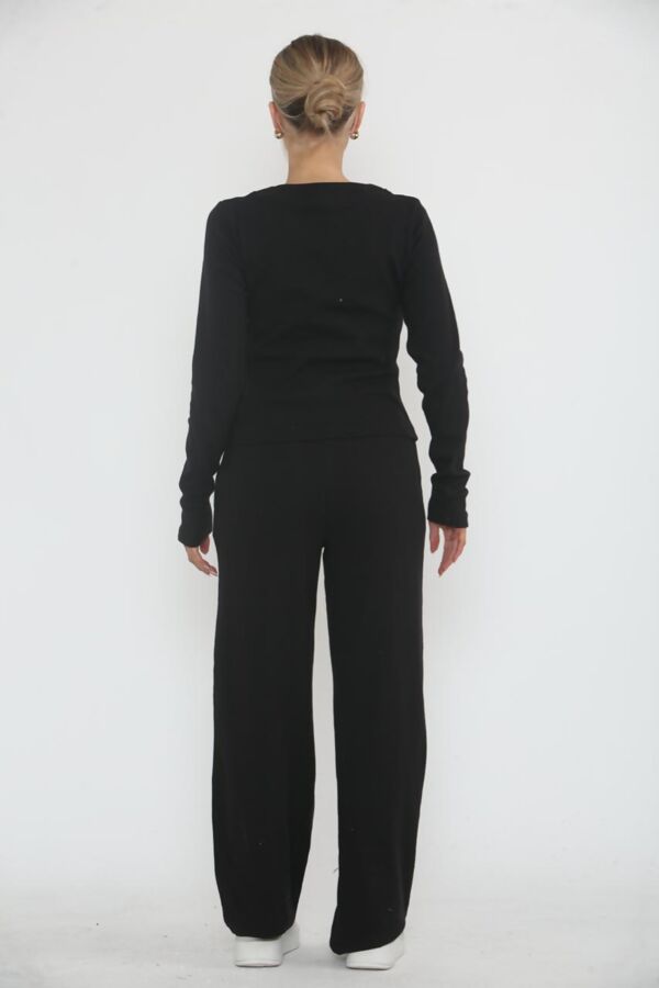 Black Soft Ribbed Buttoned Cardigan With Wide Leg Trouser