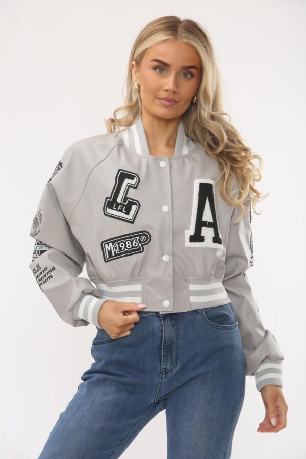 Dove Grey Faux Leather Cropped Varsity Bomber Jacket