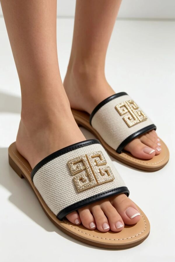Black Piping Canvas Open Toe Slides