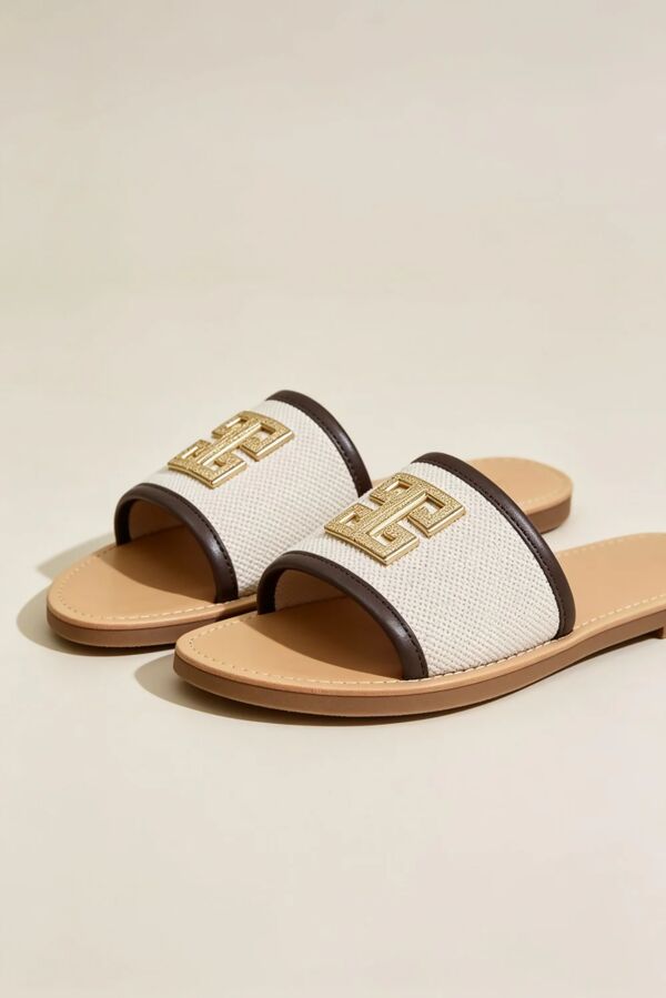 Brown Piping Canvas Open Toe Slides