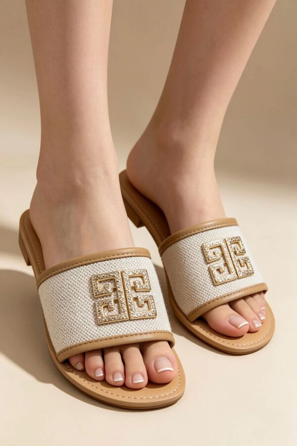 Beige Piping Canvas Open Toe Slides