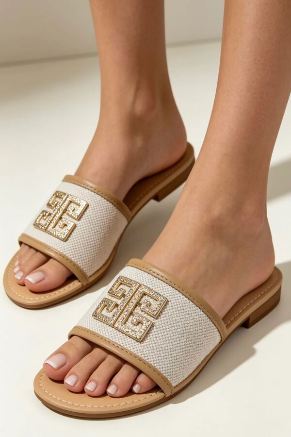 Beige Piping Canvas Open Toe Slides