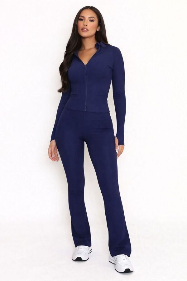 Navy Active Ribbed Zipped Jacket With Flare Trouser