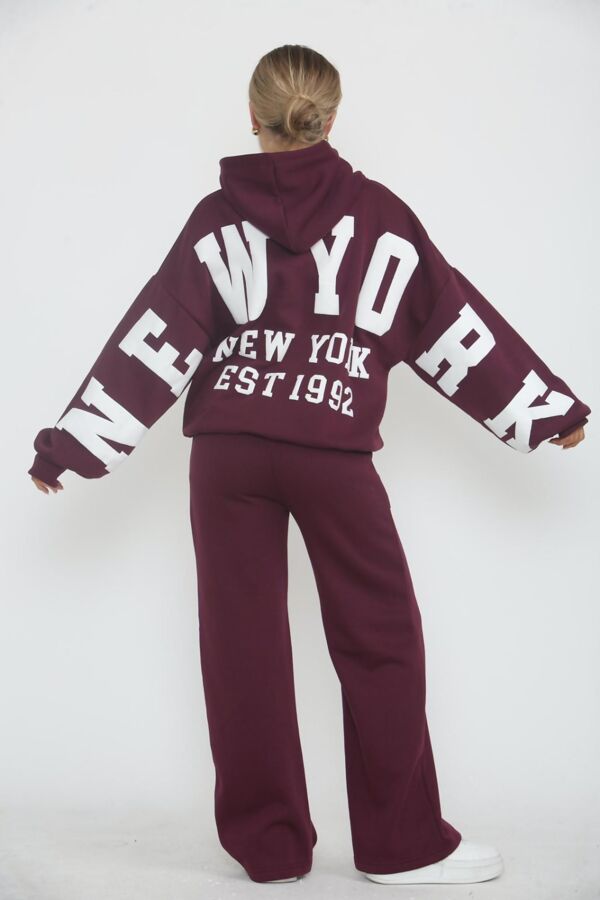 Wine Drop Shoulder NEW YORK Printed Hoodie With Trouser