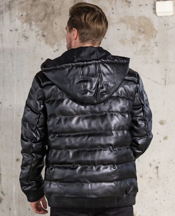 Black Pu Bubble Jacket With Detachable Hood