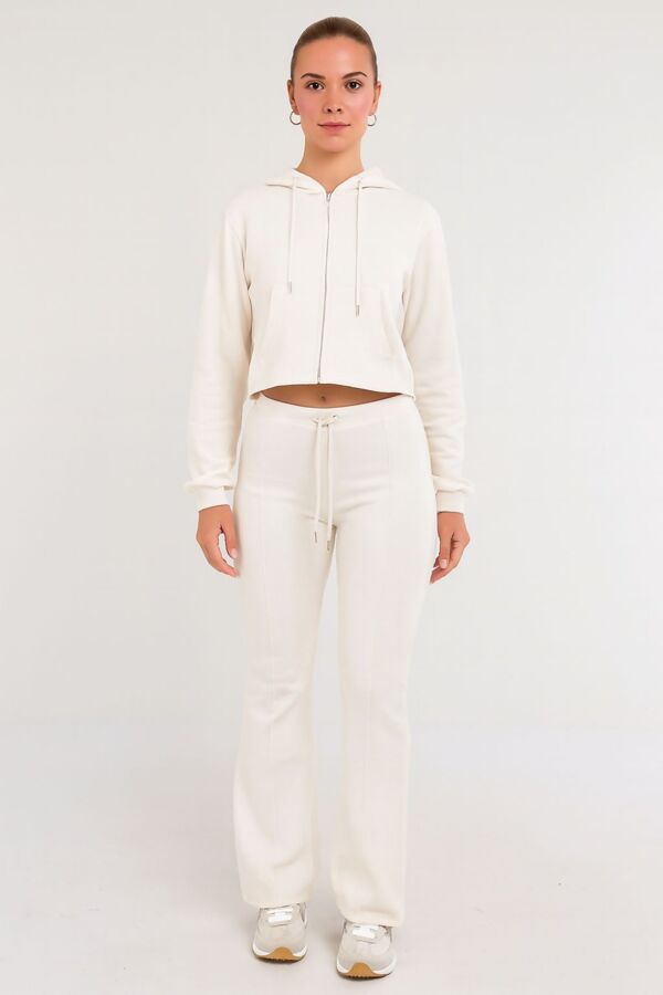 Ivory Cropped Zipped Hoodie With Bell Bottom Trouser