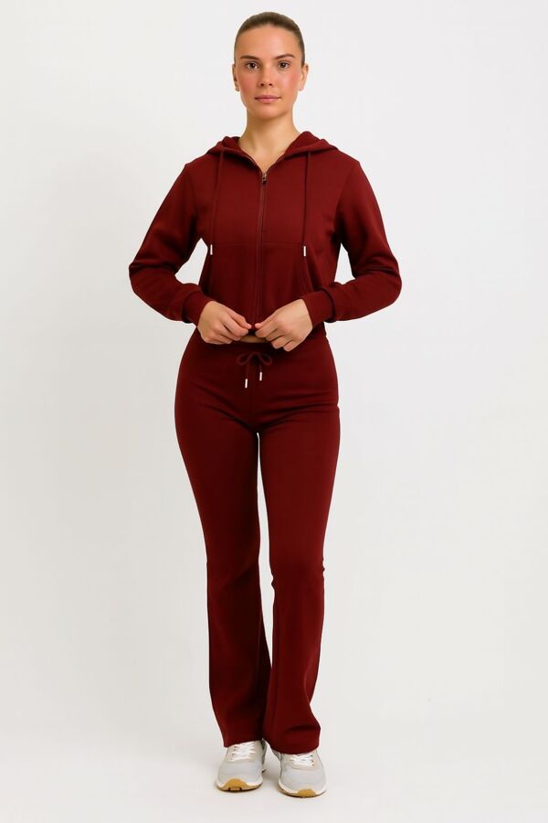 Wine Cropped Zipped Hoodie With Bell Bottom Trouser