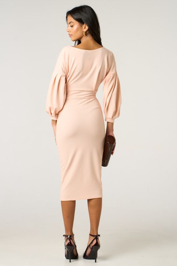 Nude Classy V-Neck Off Shoulder Midi Dress