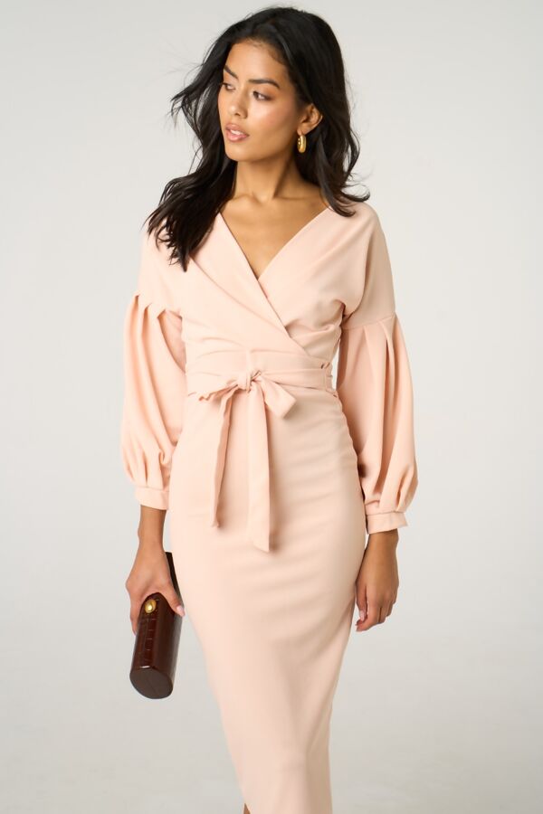 Nude Classy V-Neck Off Shoulder Midi Dress