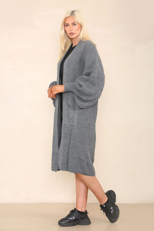 Longline Balloon Sleeve Knit Cardigan