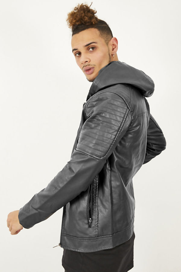 Wholesale Black Leather Hooded Biker Jacket