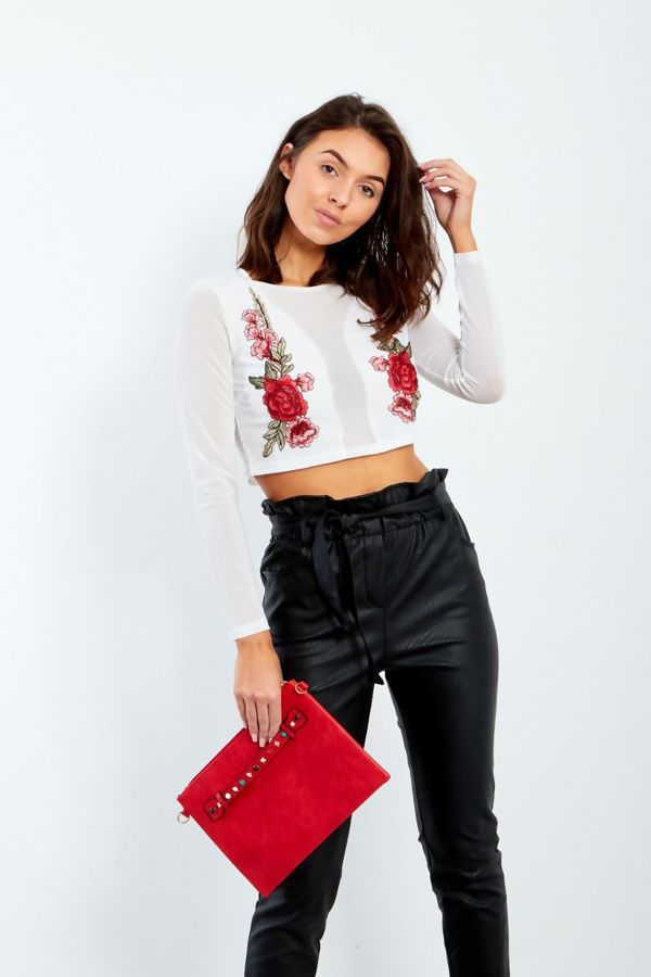 Wholesale Black Mesh Cropped Top With Floral Embroidery J5 Fashion