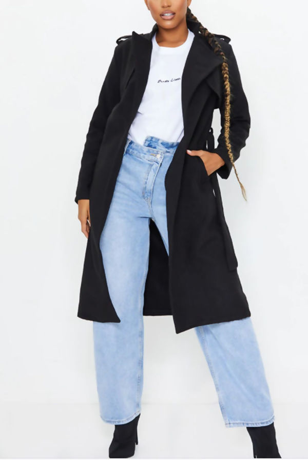 Black Wool Military Belted Midi Coat