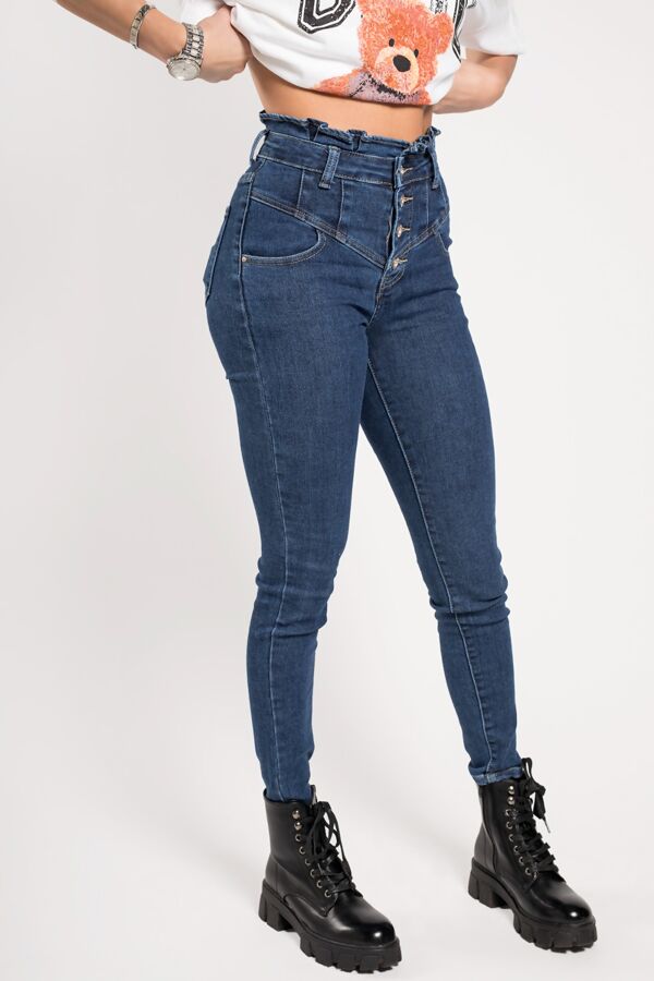 Blue Button Front Paperbag Waist Jeans