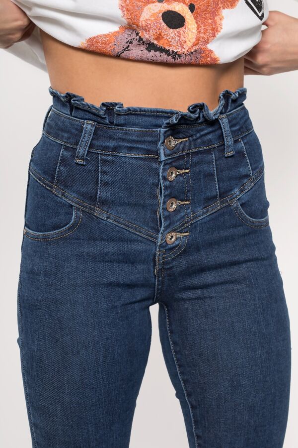Blue Button Front Paperbag Waist Jeans