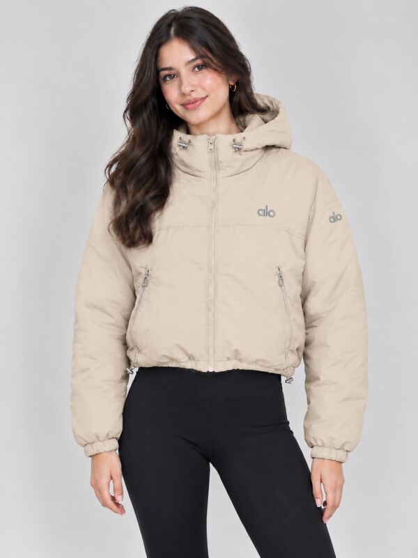 Beige Printed Cropped Utility Bomber Jacket