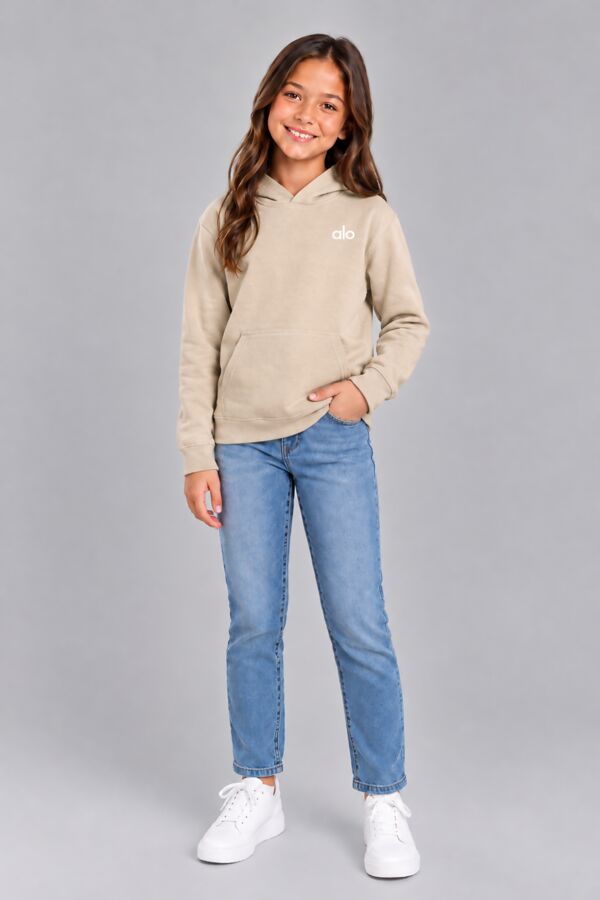 Beige Kids Casual Fleece Printed Pullover Hoodie