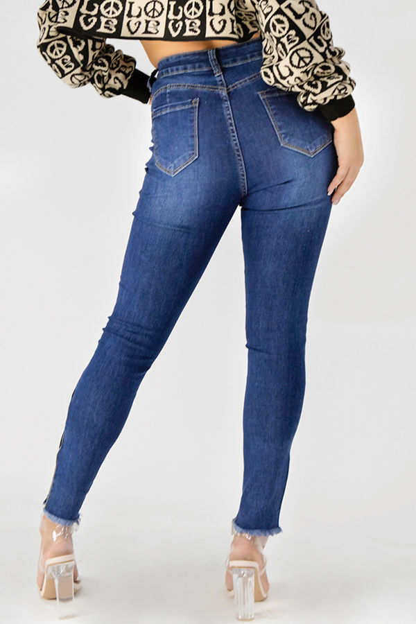 Blue Ripped Zip Hem Skinny Jeans