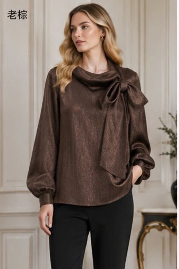 Brown Elegant Bow-Detail Textured Blouse