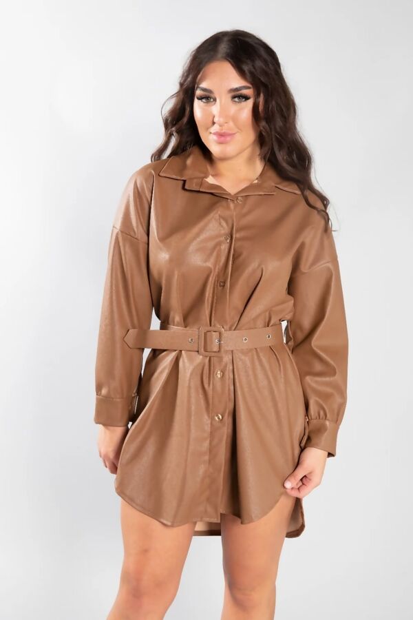 Belted Leather Look PU Shirt Dress