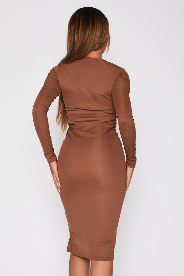 Chocolate Ribbed High Neck Cut Out Midi Dress | PrettyLittleThing UAE