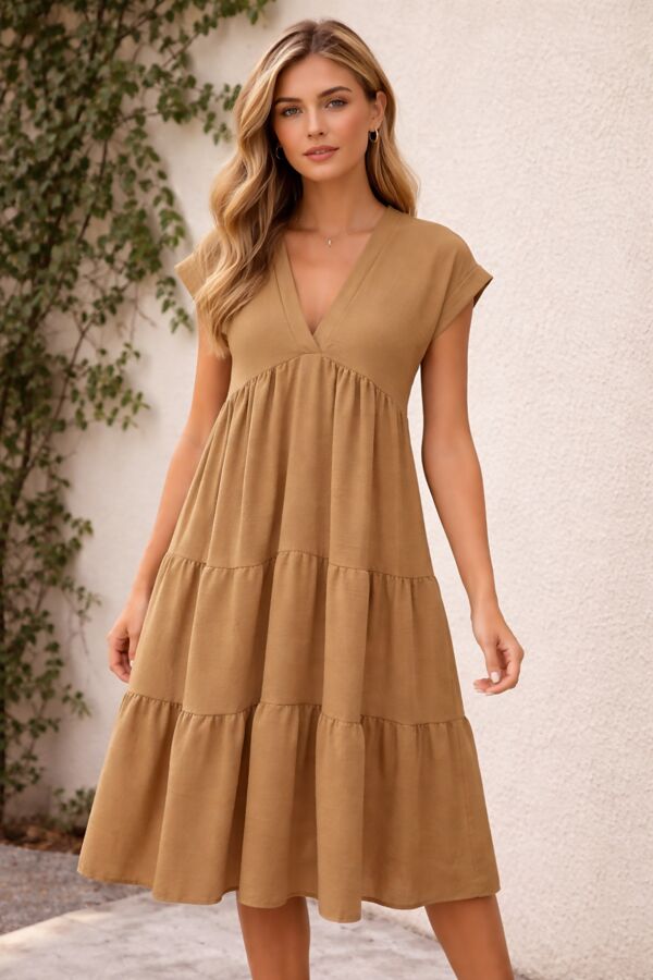 Short Sleeve Relaxed Fit V-Neck Tiered Maxi Dress