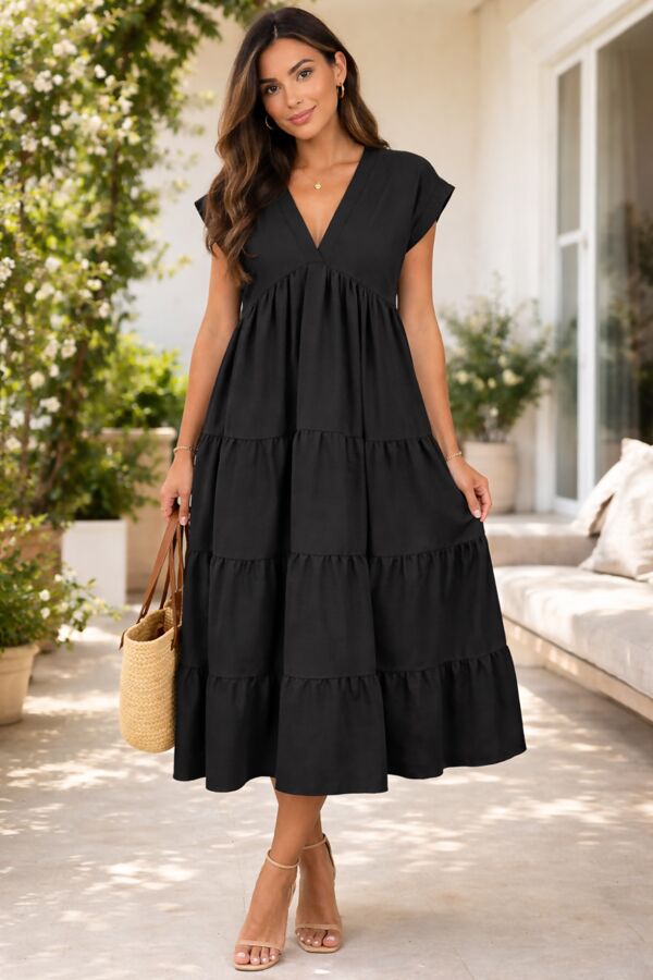 Short Sleeve Relaxed Fit V-Neck Tiered Maxi Dress