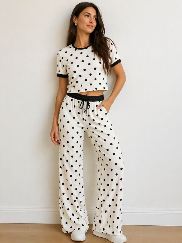 Contrast Waistband Polka Dot Trouser And Crop Top Co-Ord Set