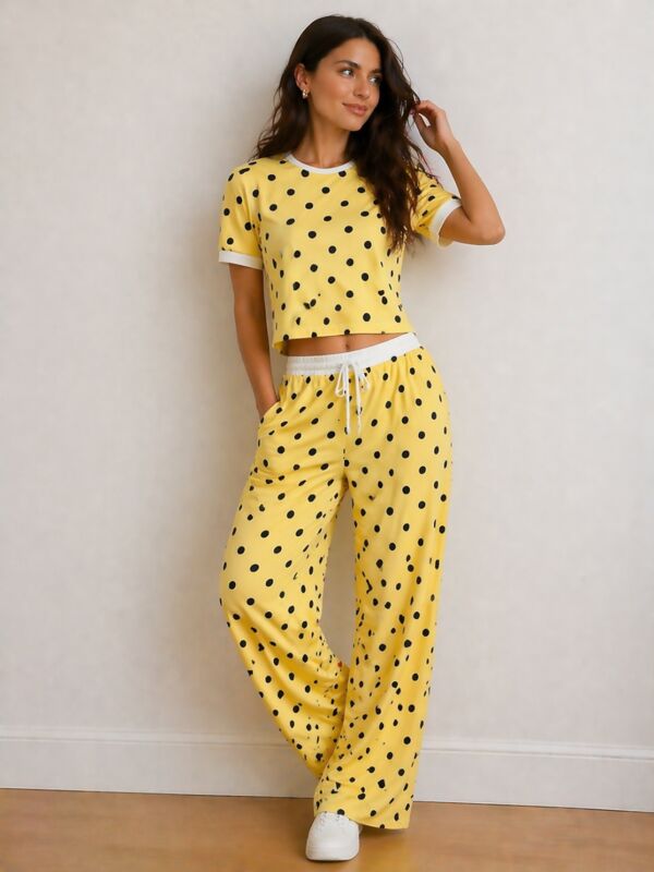 Contrast Waistband Polka Dot Trouser And Crop Top Co-Ord Set