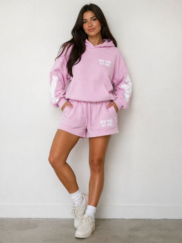 Pink Oversized New York Printed Hoodie With Shorts Set