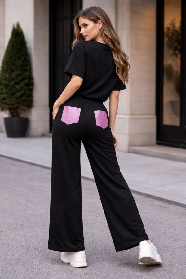 Short Sleeve Pink Glitter Pocket Design T-Shirt With Trouser
