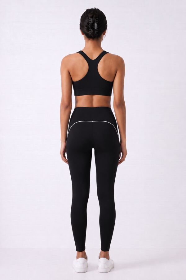 Black Sculpting Contrast Piping Crop Top And High Waisted Legging Set