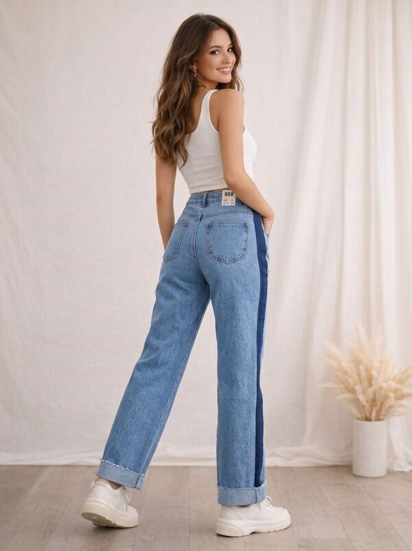 Denim Folded Hem Side Stripe Mom Jeans
