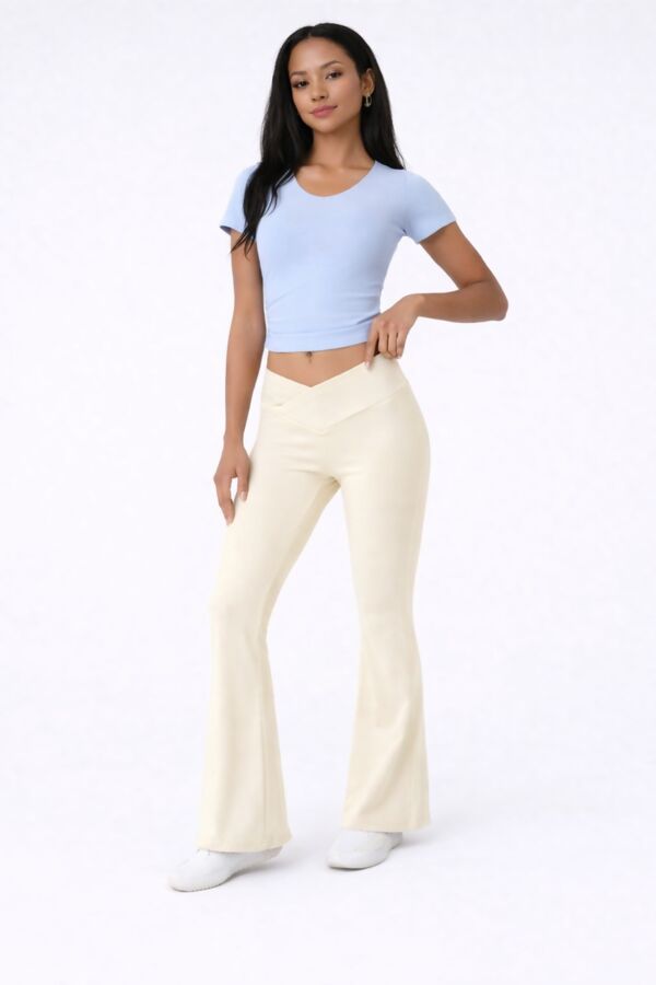 Beige High Waisted Crossover Bootcut Yoga Leggings