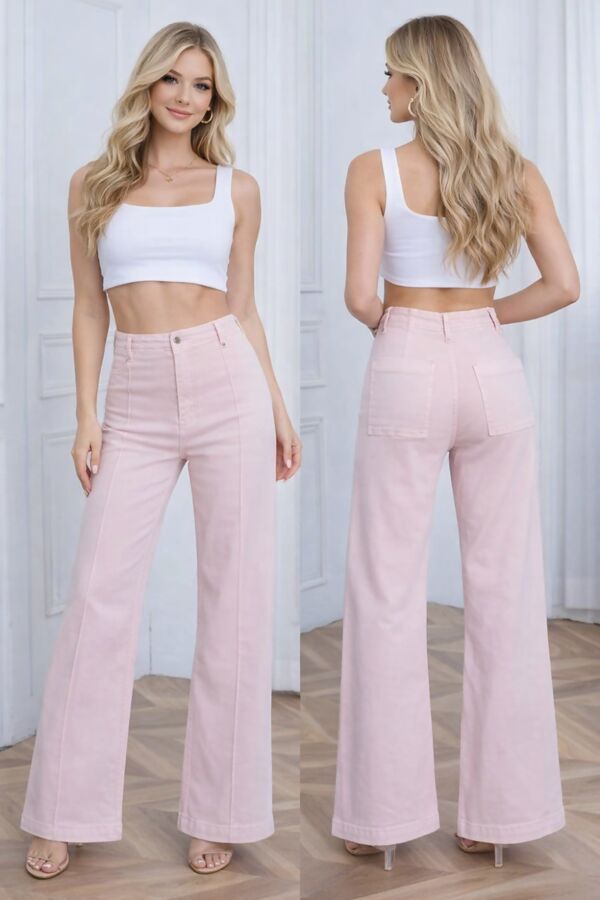 Pink High Waist Super Stretch Front Seam Casual Wide Leg Jean