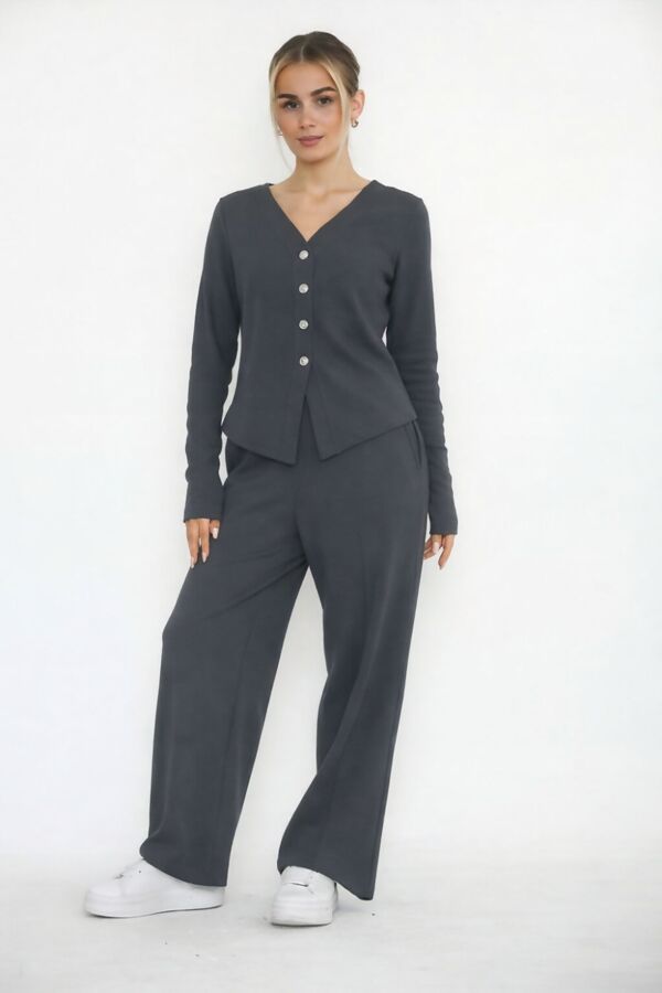 Slate Grey Soft Ribbed Buttoned Cardigan With Wide Leg Trouser