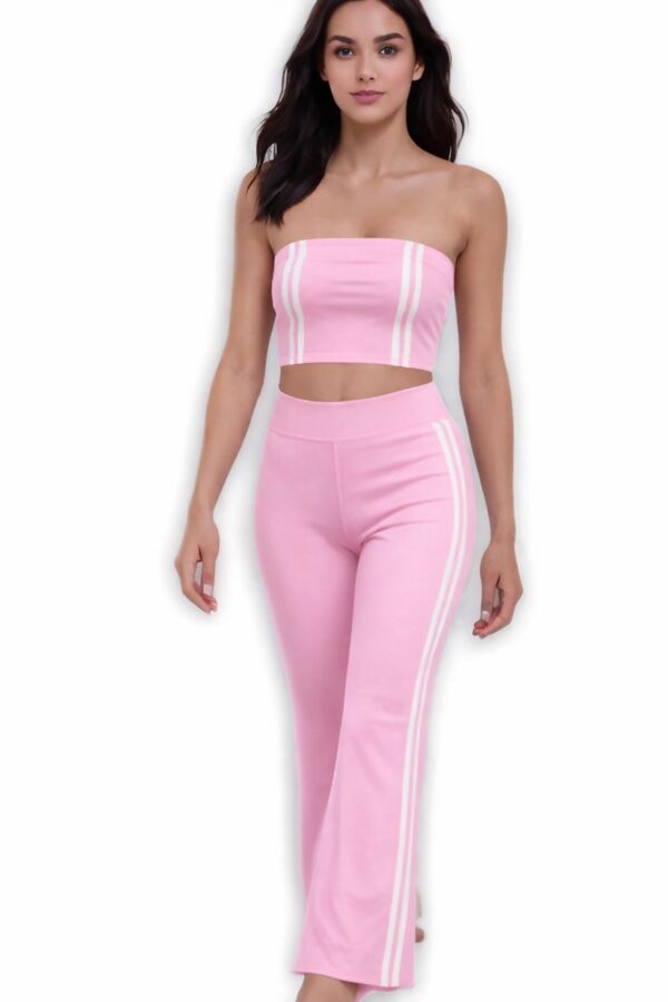 Pink Strapless Cropped Top With Side Striped Flare Trouser