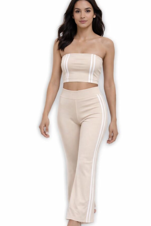 Beige Strapless Cropped Top With Side Striped Flare Trouser