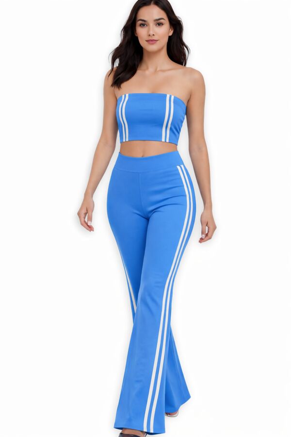 Sky Blue Strapless Cropped Top With Side Striped Flare Trouser