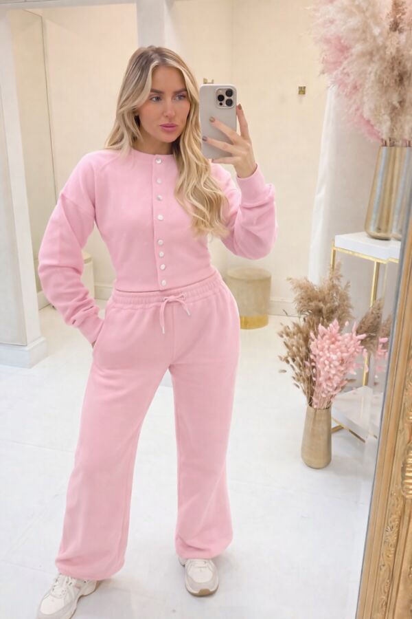 Baby Pink Snap Buttons Corset Fit Sweatshirt With Wide Leg Trouser