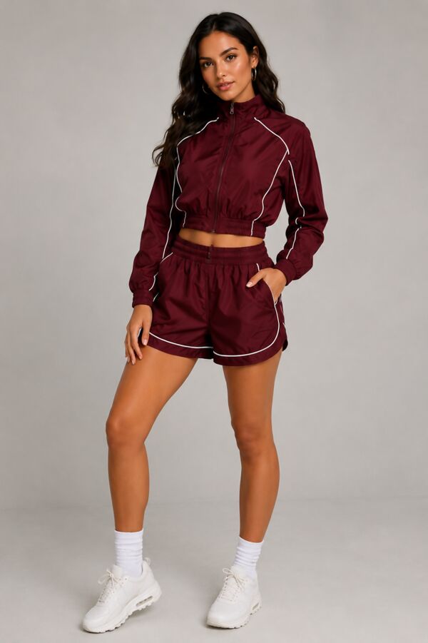 Wine Cropped Zip-Up Track Jacket And Running Shorts