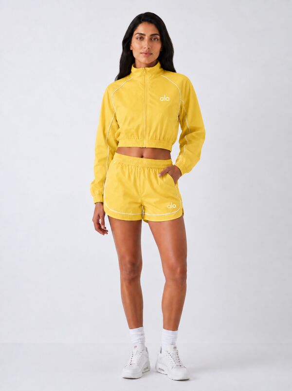 Yellow Cropped Zip-Up Track Printed Jacket And Running Shorts