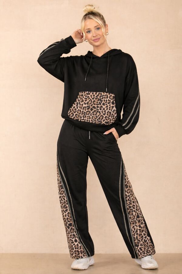 Contrast Leopard with Geometry Print Stripe Hooded Lounge Set