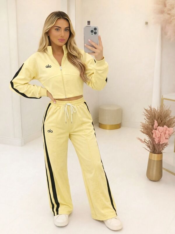 Oatmeal Printed Interlock 2 Stripe Sweatshirt With Wide Leg Trouser