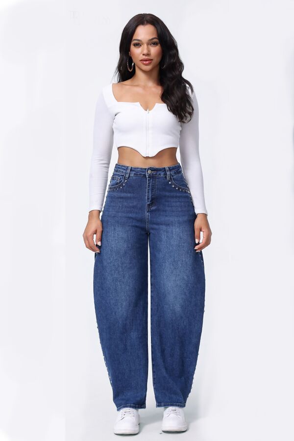 Blue Casual High Waist Barrel Leg Jeans